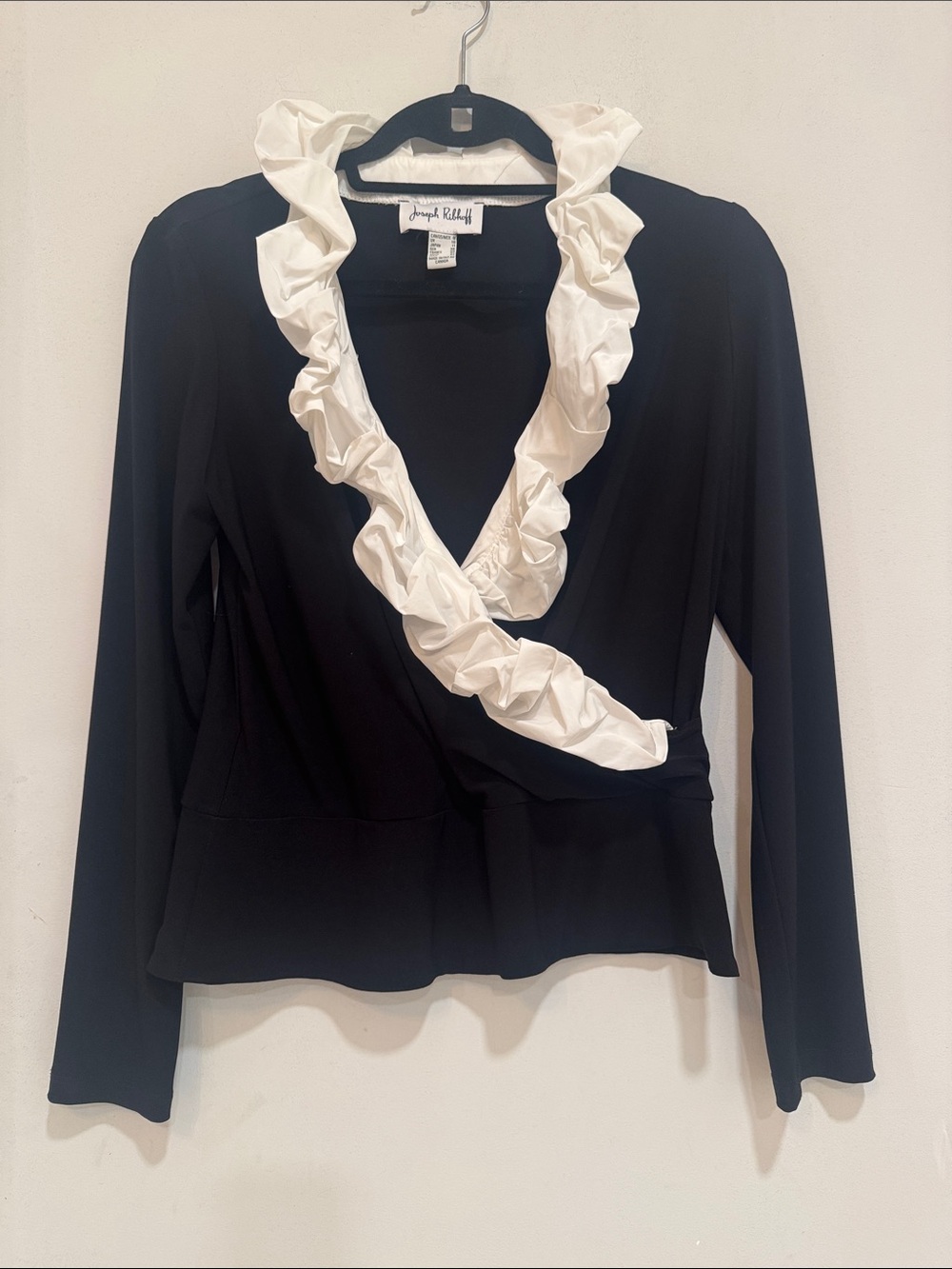 Joseph Ribkoff Black Long-Sleeve Wrap Top with White Ruffle